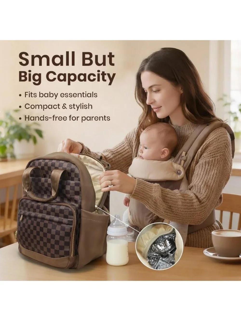 Stylish Checkered Baby Diaper Backpack with Changing Pad - Travel & Daycare
